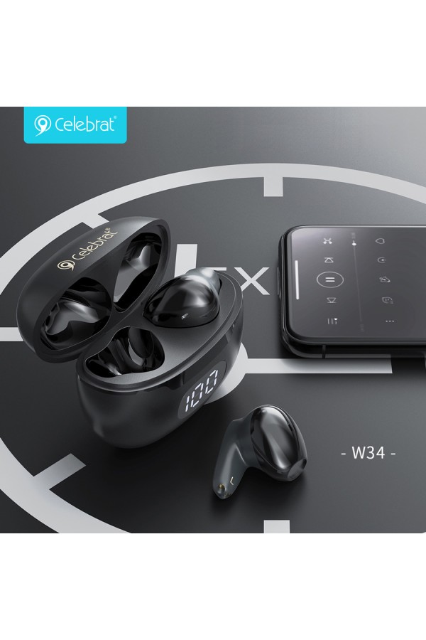 CELEBRAT earphones με θήκη φόρτισης TWS-W34, True Wireless, Φ13mm, μαύρα