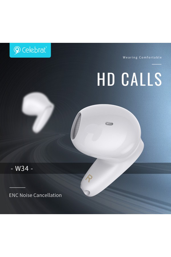 CELEBRAT earphones με θήκη φόρτισης TWS-W34, True Wireless, Φ13mm, λευκά