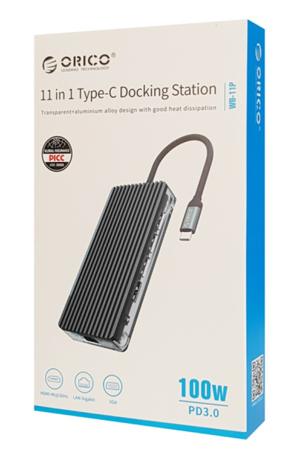 ORICO docking station WB-11P, 11 θυρών, USB-C σύνδεση, 100W PD, 4K, γκρι