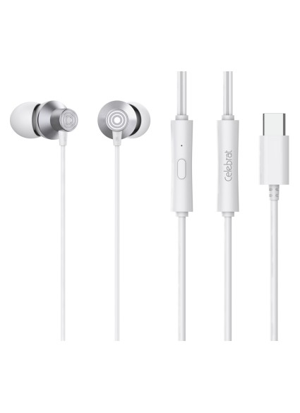 CELEBRAT earphones με μικρόφωνο D15, USB-C σύνδεση, Φ10mm, 1.2m, λευκά