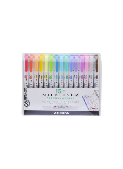 Zebra Mildliner Double Ended Marker Bold & Fine Point 15 Pack Soft & Mild Set (ZB-78115) (ZEB78115)