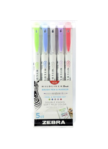 Zebra Mildliner Double Ended Brush Pen & Marker Bold & Fine Point 5 Pack Cool & Refined Set (ZB-79205) (ZEB79205)