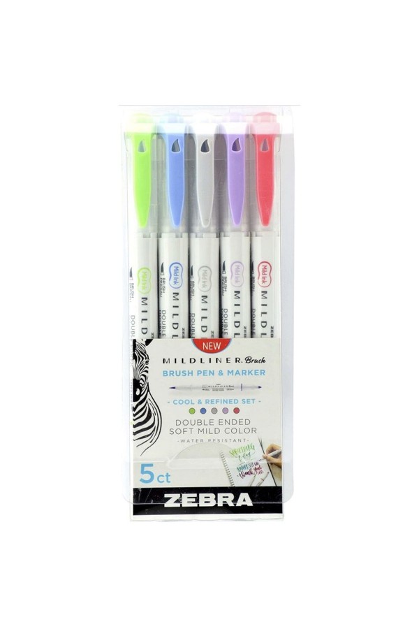 Zebra Mildliner Double Ended Brush Pen & Marker Bold & Fine Point 5 Pack Cool & Refined Set (ZB-79205) (ZEB79205)