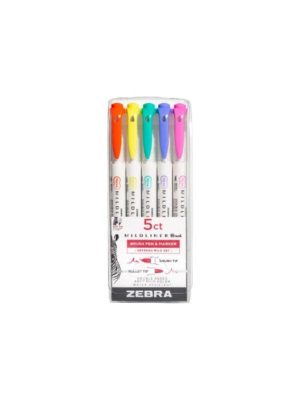 Zebra Mildliner Double Ended Brush Pen & Marker Bold & Fine Point 5 Pack Refresh Mild Set (ZB-79405) (ZEB79405)