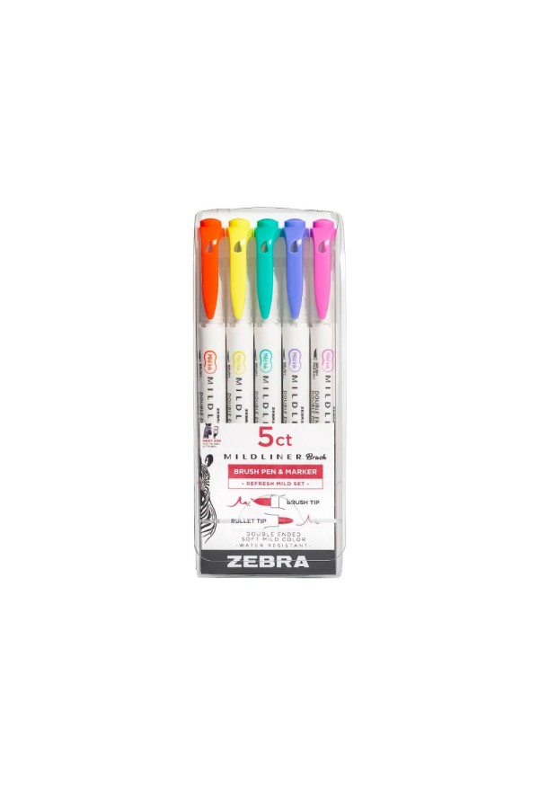 Zebra Mildliner Double Ended Brush Pen & Marker Bold & Fine Point 5 Pack Refresh Mild Set (ZB-79405) (ZEB79405)