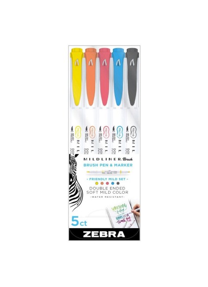 Zebra Mildliner Double Ended Brush Pen & Marker Bold & Fine Point 5 Pack Friendly Mild Set (ZB-79505) (ZEB79505)