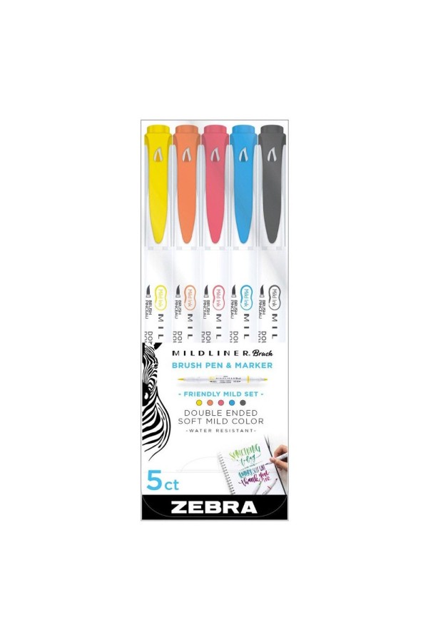 Zebra Mildliner Double Ended Brush Pen & Marker Bold & Fine Point 5 Pack Friendly Mild Set (ZB-79505) (ZEB79505)